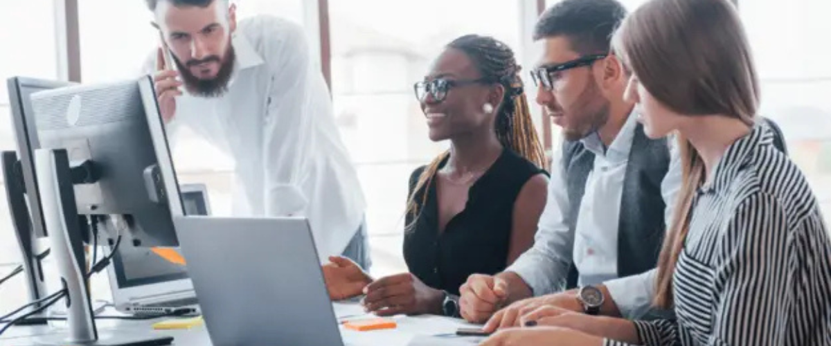 Diverse team collaborating at a workplace